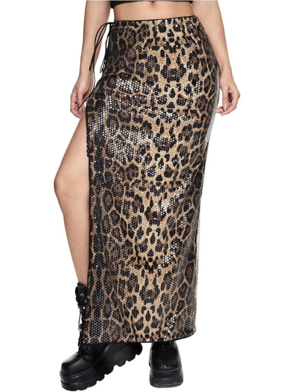 Leopard Print Sequin Bodycon Maxi Skirt with High Slit & Low Rise for Women